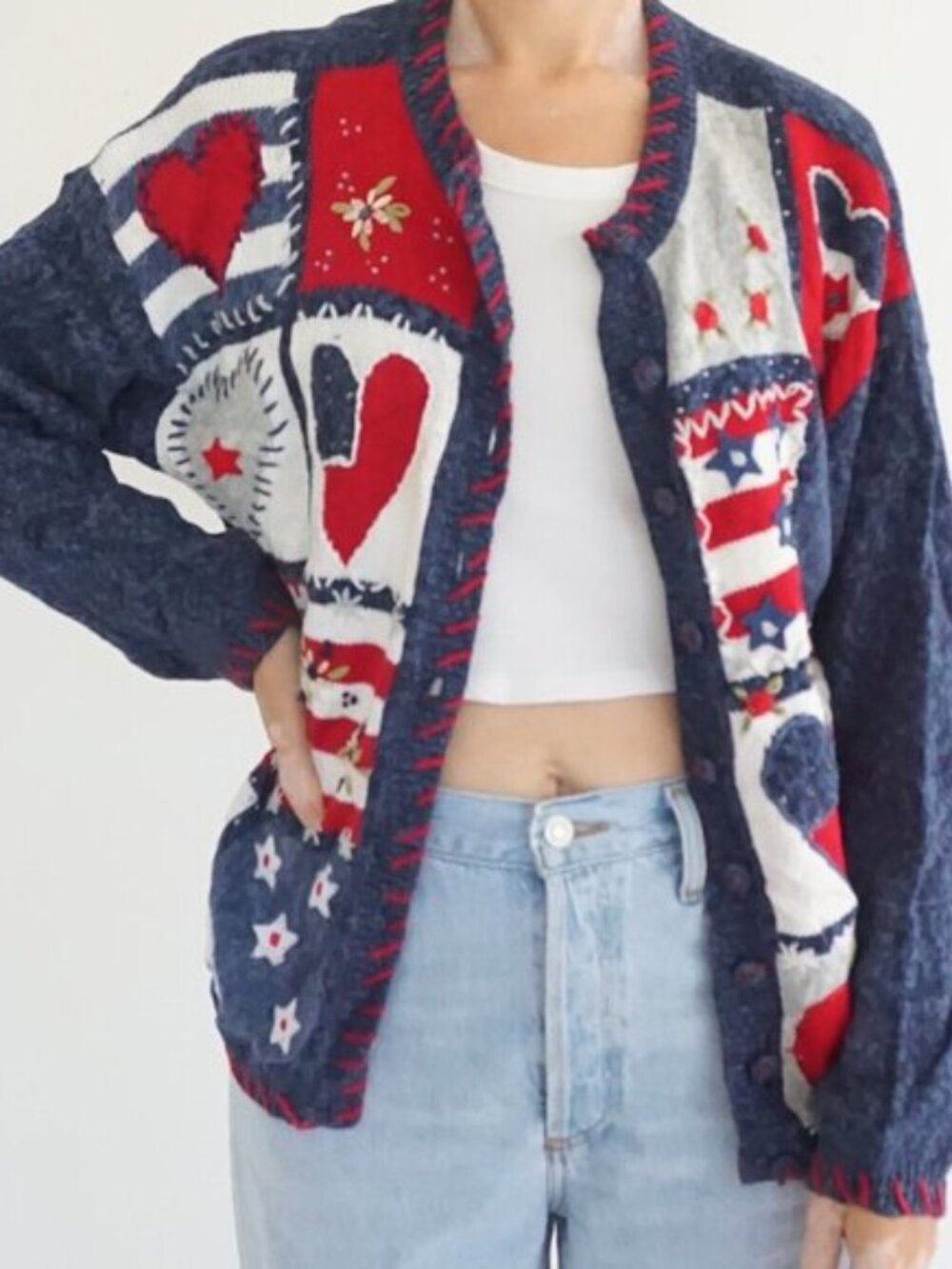 Vintage Heirloom Navy Red Patchwork Americana Heart Star Floral Knit Cardigan L